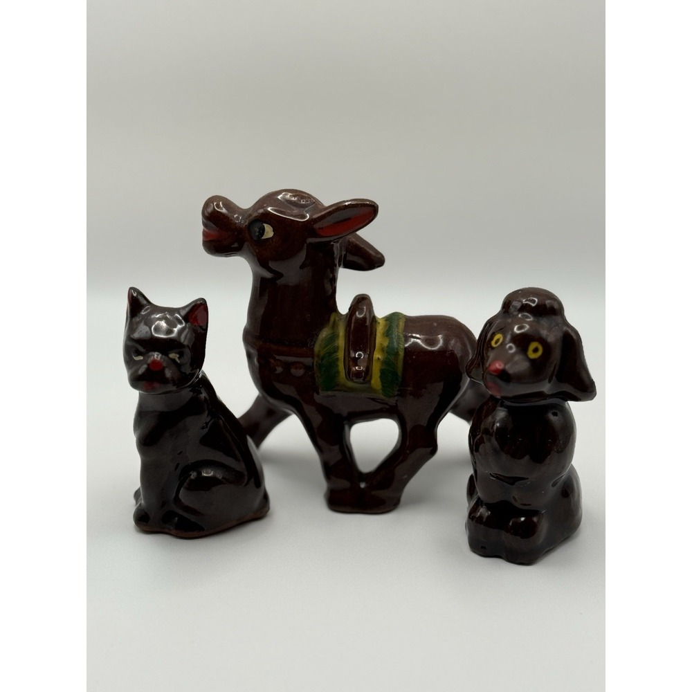 MCM Redware Glazed Red Clay Ceramic Donkey, Dogs Lot Of 3 Figures 1950s Japan